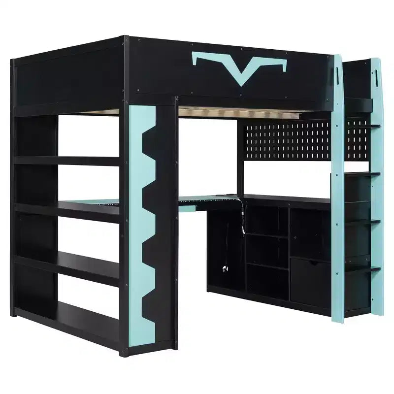 Luxystar Modern Gaming Full Loft Bed With Lighted Desk And Keyboard Tray, Pegboard, Storage Bookcase