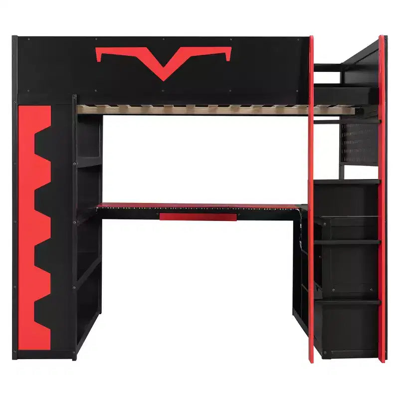 Luxystar Modern Gaming Full Loft Bed With Lighted Desk And Keyboard Tray, Pegboard, Storage Bookcase