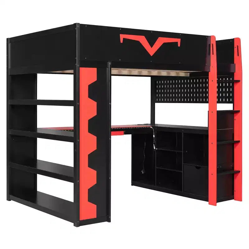 Luxystar Modern Gaming Full Loft Bed With Lighted Desk And Keyboard Tray, Pegboard, Storage Bookcase