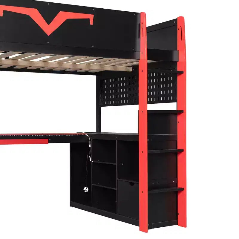 Luxystar Modern Gaming Full Loft Bed With Lighted Desk And Keyboard Tray, Pegboard, Storage Bookcase