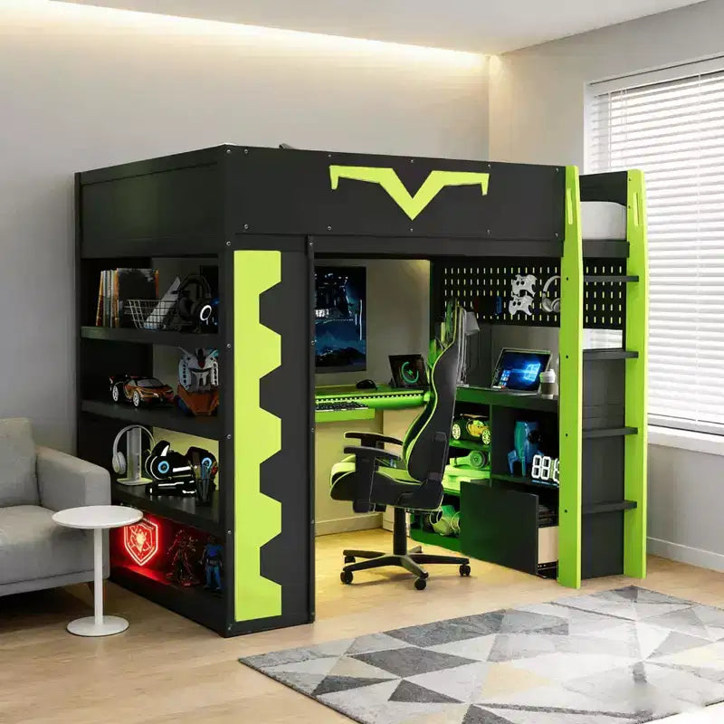Luxystar Modern Gaming Full Loft Bed With Lighted Desk And Keyboard Tray, Pegboard, Storage Bookcase