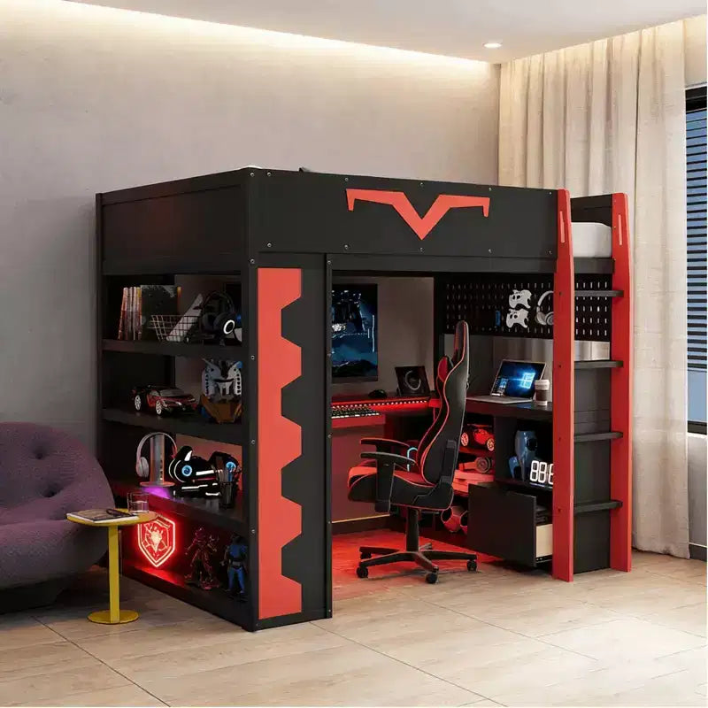 Luxystar Modern Gaming Full Loft Bed With Lighted Desk And Keyboard Tray, Pegboard, Storage Bookcase