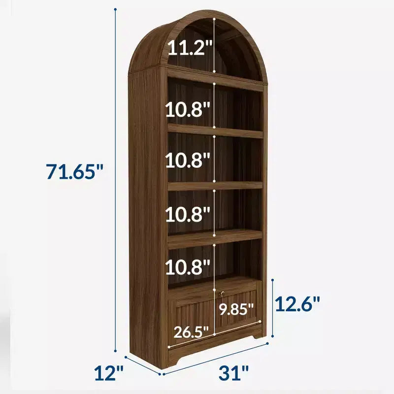 Arched 6-Tier Farmhouse Bookcase with Open Shelves & Drawers,71.6 Tall Freestanding Wood Cabinet for Living Room, Bedroom, Home Office