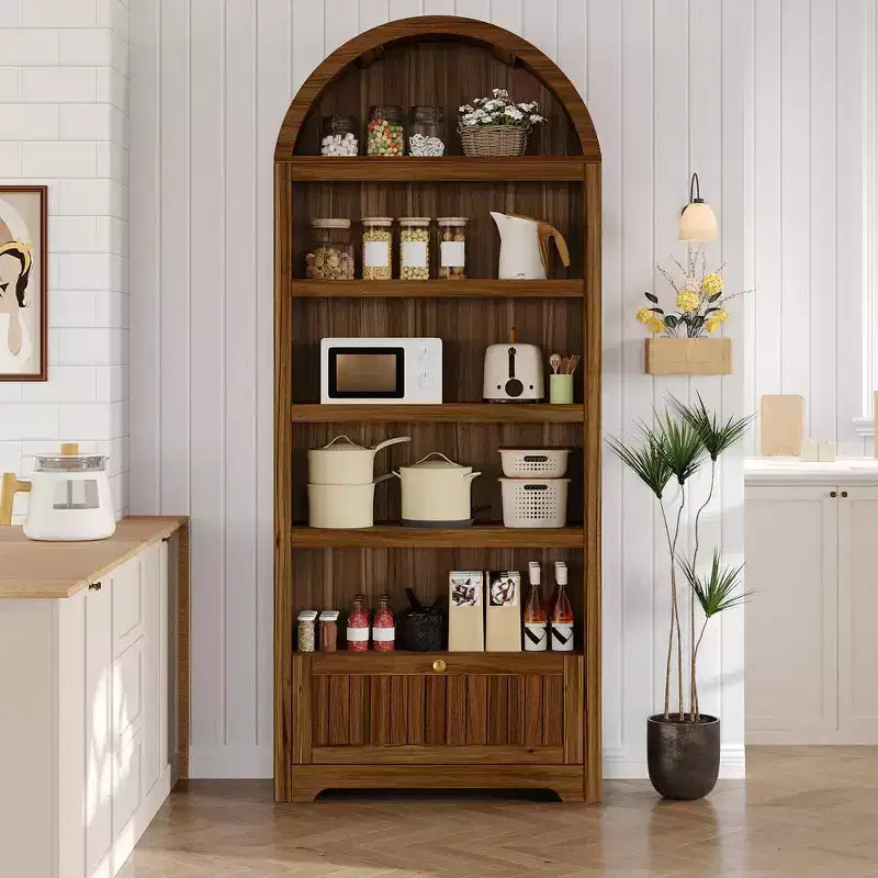 Arched 6-Tier Farmhouse Bookcase with Open Shelves & Drawers,71.6 Tall Freestanding Wood Cabinet for Living Room, Bedroom, Home Office