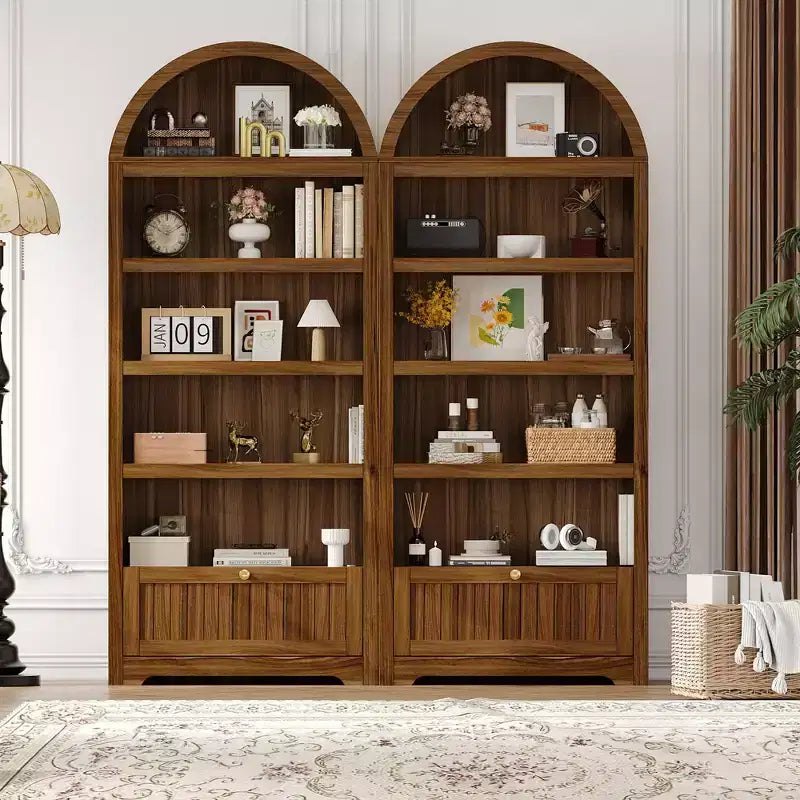 Arched 6-Tier Farmhouse Bookcase with Open Shelves & Drawers,71.6 Tall Freestanding Wood Cabinet for Living Room, Bedroom, Home Office