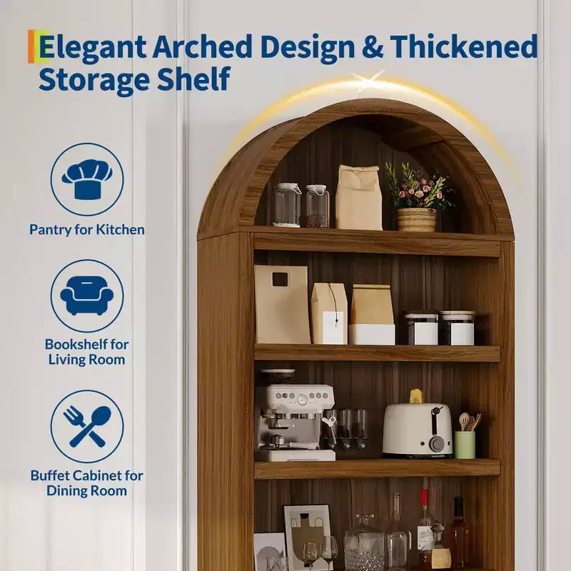 Arched 6-Tier Farmhouse Bookcase with Open Shelves & Drawers,71.6 Tall Freestanding Wood Cabinet for Living Room, Bedroom, Home Office