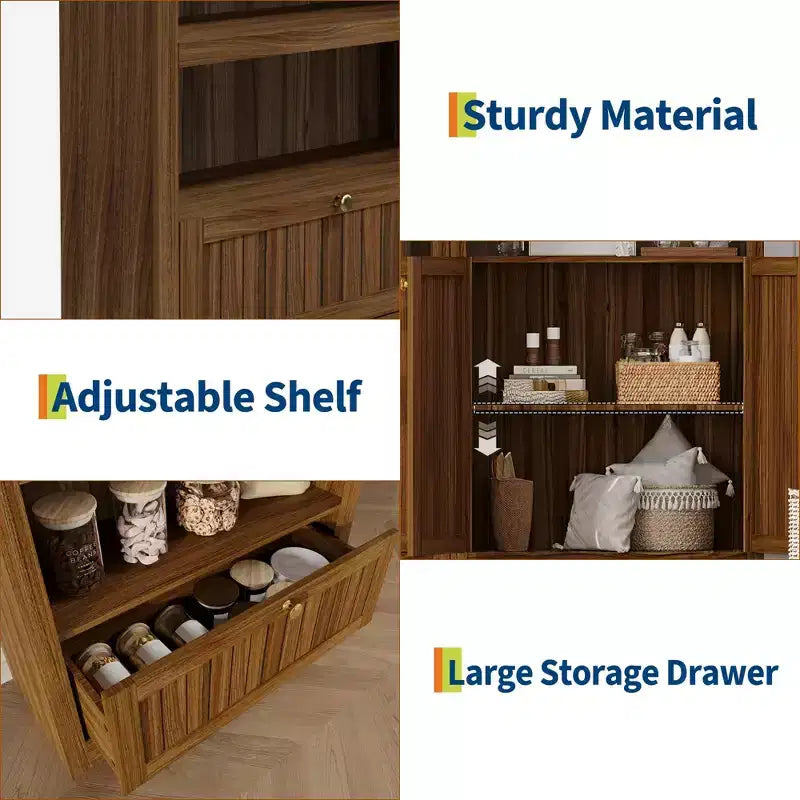 Arched 6-Tier Farmhouse Bookcase with Open Shelves & Drawers,71.6 Tall Freestanding Wood Cabinet for Living Room, Bedroom, Home Office