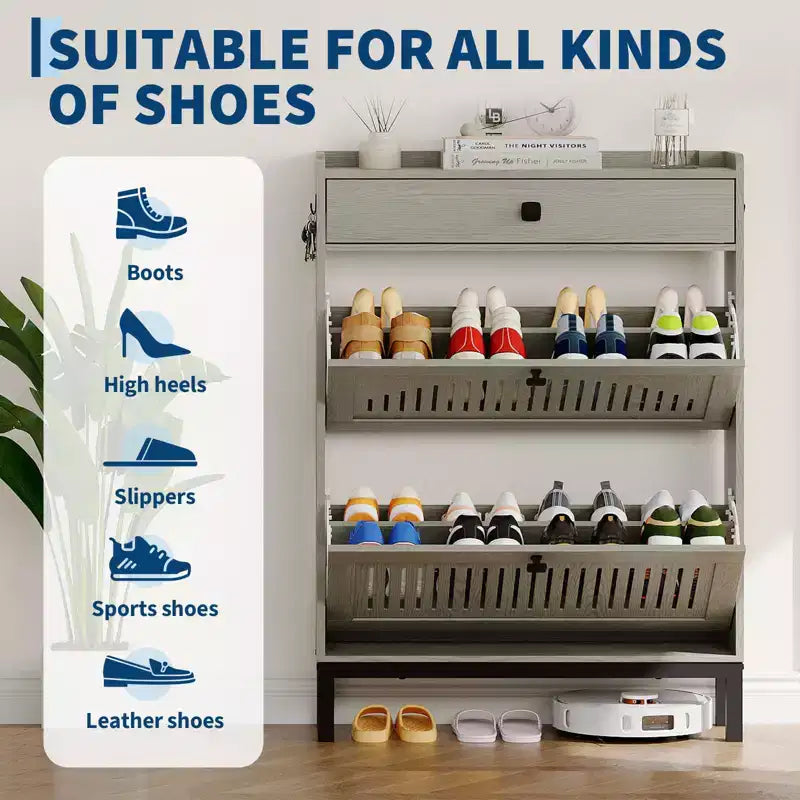 Shoe Storage Cabinet with 2 Flip Drawer, Shoes Organizer with with Top DrawerHollow Out Panel & Black Square Handles, Adjustable Shoe Rack