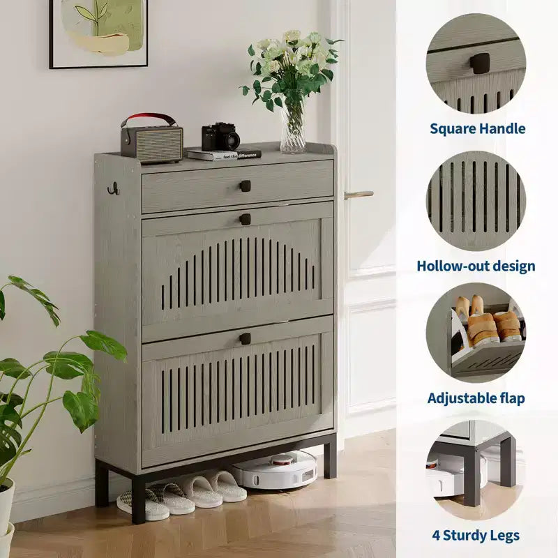Shoe Storage Cabinet with 2 Flip Drawer, Shoes Organizer with with Top DrawerHollow Out Panel & Black Square Handles, Adjustable Shoe Rack