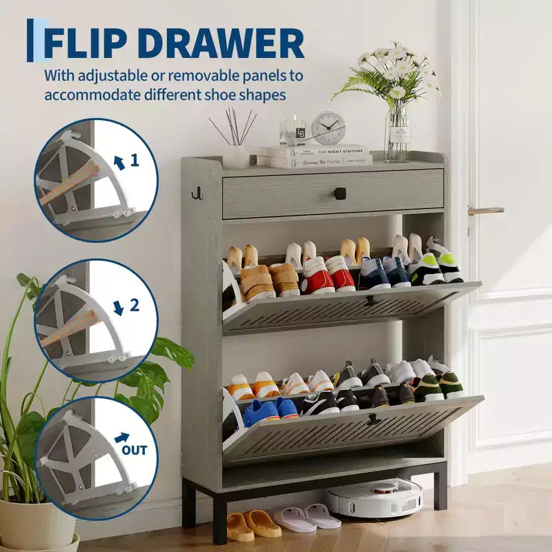 Shoe Storage Cabinet with 2 Flip Drawer, Shoes Organizer with with Top DrawerHollow Out Panel & Black Square Handles, Adjustable Shoe Rack