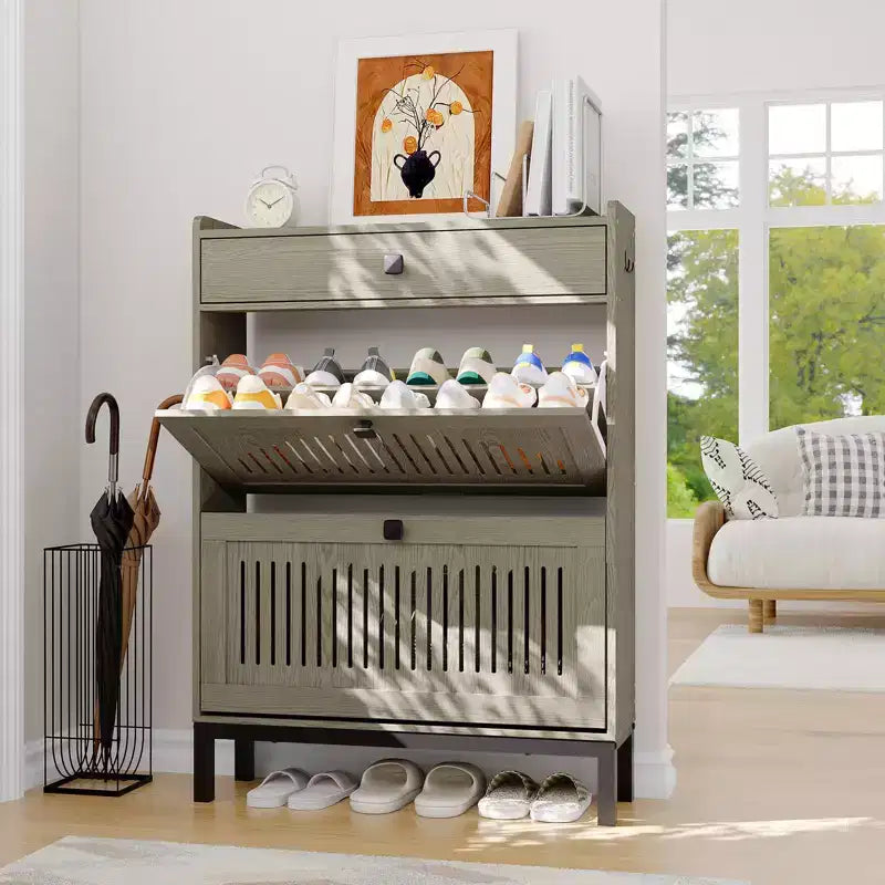 Shoe Storage Cabinet with 2 Flip Drawer, Shoes Organizer with with Top DrawerHollow Out Panel & Black Square Handles, Adjustable Shoe Rack