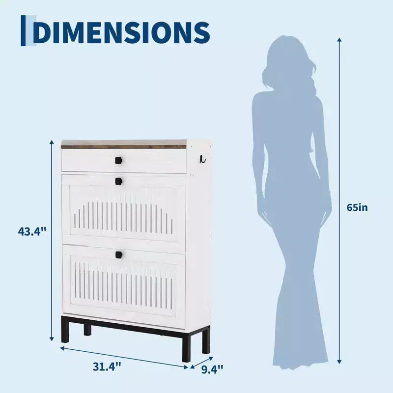 Shoe Storage Cabinet with 2 Flip Drawer, Shoes Organizer with with Top DrawerHollow Out Panel & Black Square Handles, Adjustable Shoe Rack