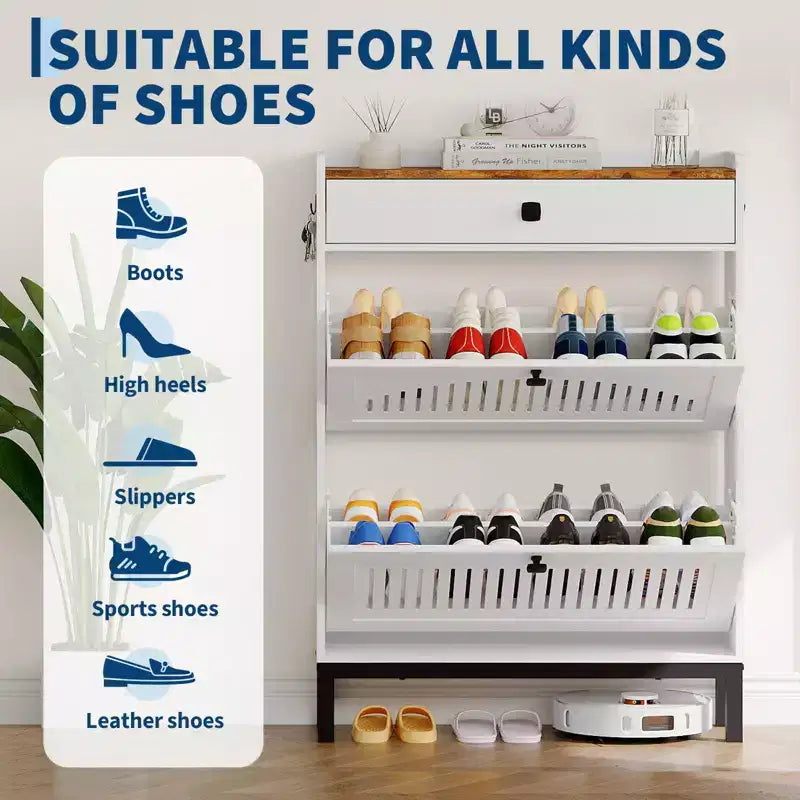 Shoe Storage Cabinet with 2 Flip Drawer, Shoes Organizer with with Top DrawerHollow Out Panel & Black Square Handles, Adjustable Shoe Rack