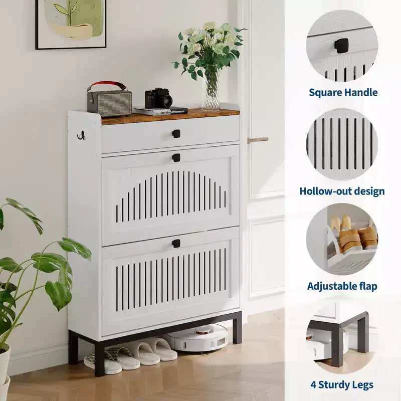 Shoe Storage Cabinet with 2 Flip Drawer, Shoes Organizer with with Top DrawerHollow Out Panel & Black Square Handles, Adjustable Shoe Rack