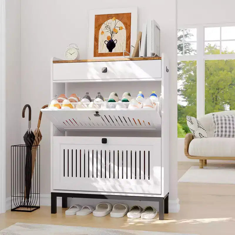 Shoe Storage Cabinet with 2 Flip Drawer, Shoes Organizer with with Top DrawerHollow Out Panel & Black Square Handles, Adjustable Shoe Rack