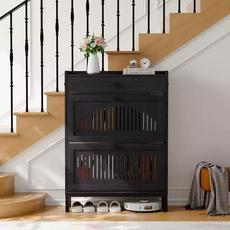 Shoe Storage Cabinet with 2 Flip Drawer, Shoes Organizer with with Top DrawerHollow Out Panel & Black Square Handles, Adjustable Shoe Rack