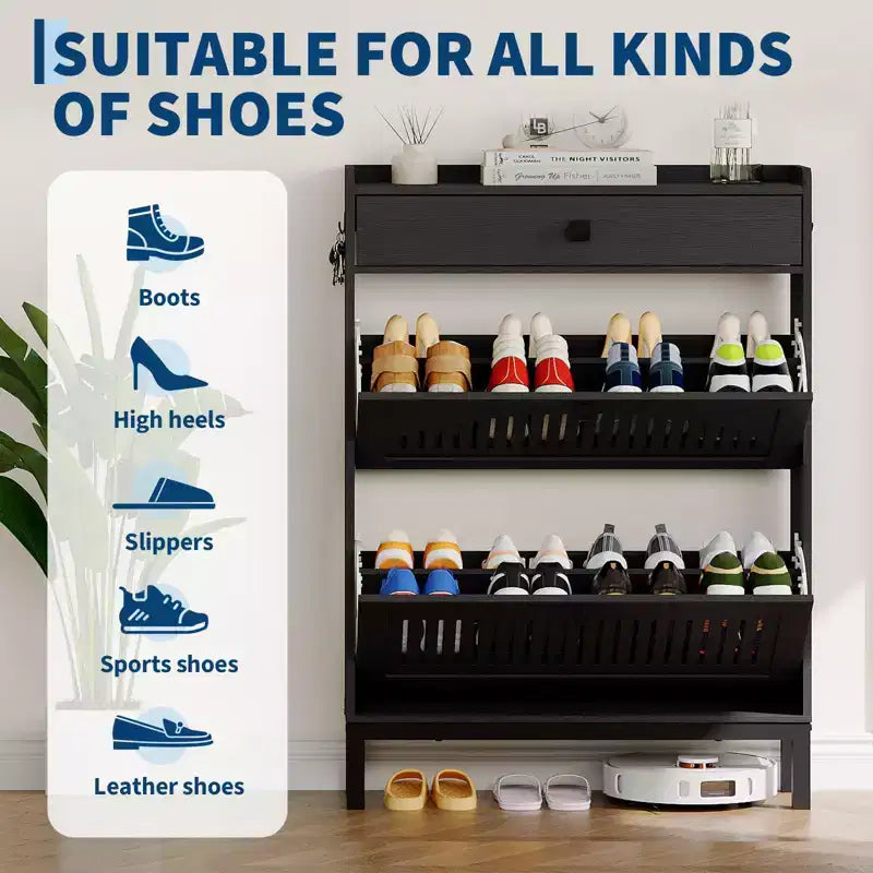 Shoe Storage Cabinet with 2 Flip Drawer, Shoes Organizer with with Top DrawerHollow Out Panel & Black Square Handles, Adjustable Shoe Rack