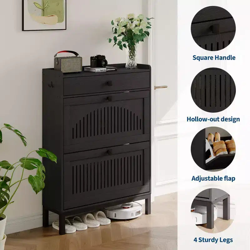Shoe Storage Cabinet with 2 Flip Drawer, Shoes Organizer with with Top DrawerHollow Out Panel & Black Square Handles, Adjustable Shoe Rack