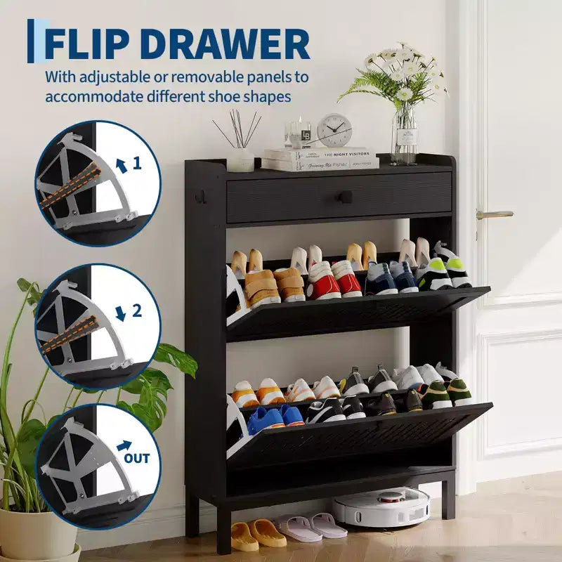 Shoe Storage Cabinet with 2 Flip Drawer, Shoes Organizer with with Top DrawerHollow Out Panel & Black Square Handles, Adjustable Shoe Rack