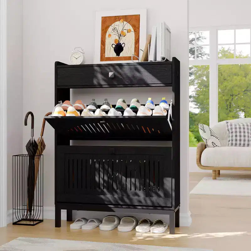 Shoe Storage Cabinet with 2 Flip Drawer, Shoes Organizer with with Top DrawerHollow Out Panel & Black Square Handles, Adjustable Shoe Rack