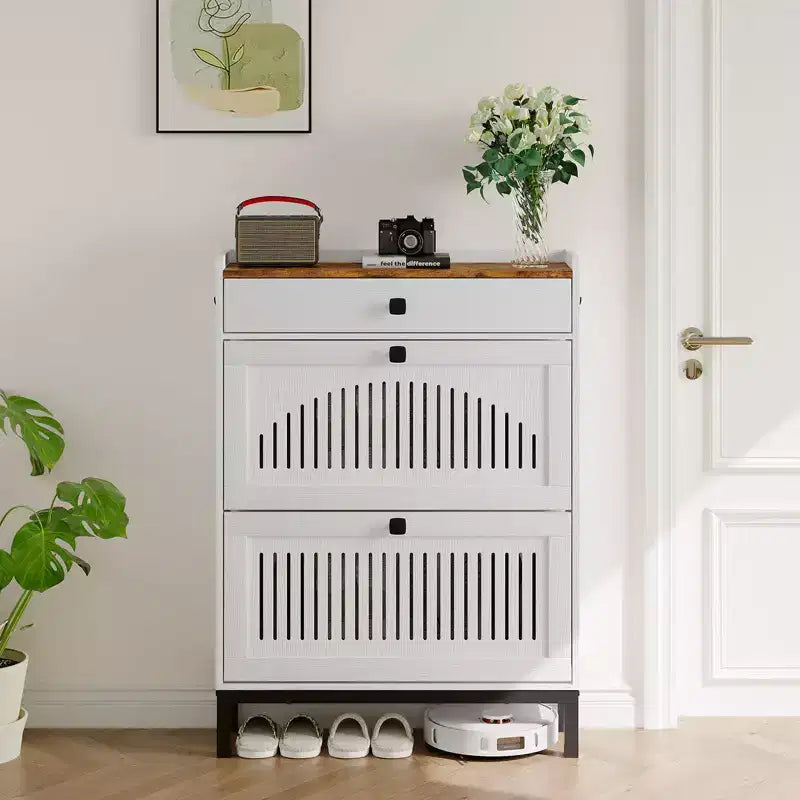 Shoe Storage Cabinet with 2 Flip Drawer, Shoes Organizer with with Top DrawerHollow Out Panel & Black Square Handles, Adjustable Shoe Rack