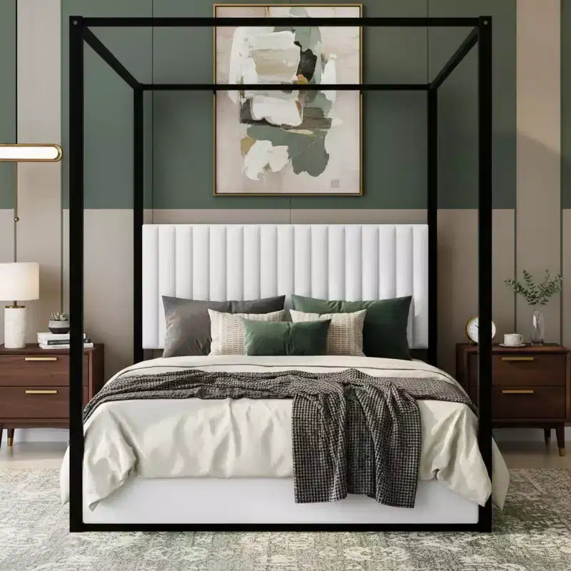 Polibi Velvet Canopy Platform Bed with Channel Headboard & Metal Frame