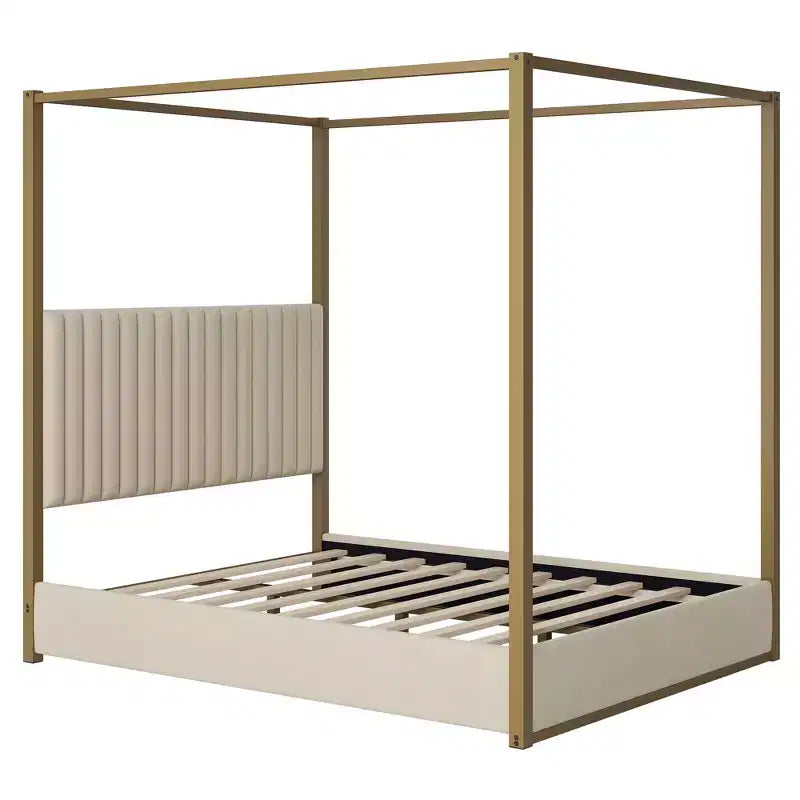 Polibi Velvet Canopy Platform Bed with Channel Headboard & Metal Frame