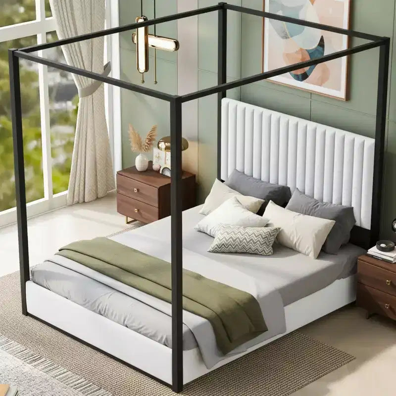 Polibi Velvet Canopy Platform Bed with Channel Headboard & Metal Frame