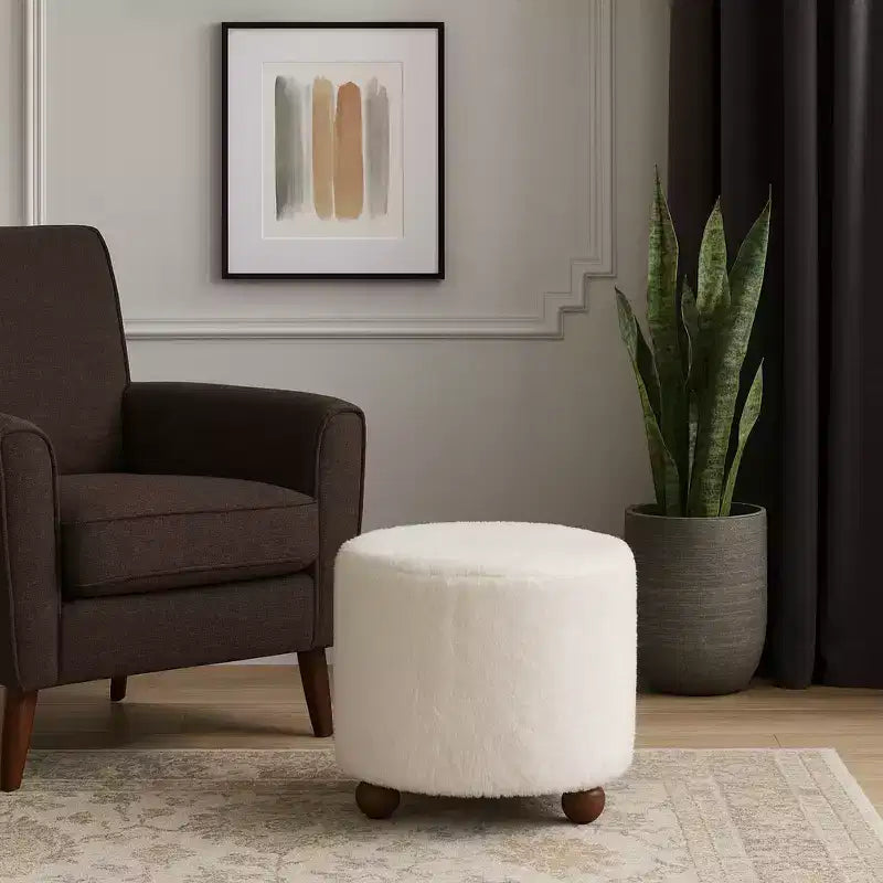 Decorative Faux Fur Upholstered Ottoman with Ball Feet - Contemporary Home Decor Accent for Vanity, Bedroom, and Foot Rest Ottoman - 15, Ivory