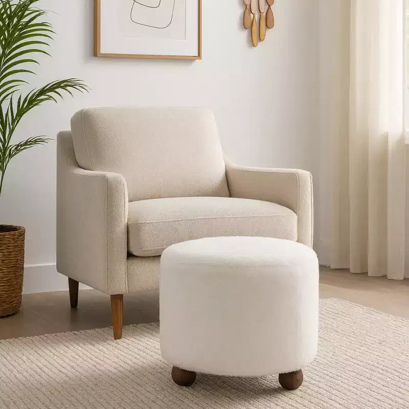 Decorative Faux Fur Upholstered Ottoman with Ball Feet - Contemporary Home Decor Accent for Vanity, Bedroom, and Foot Rest Ottoman - 15, Ivory