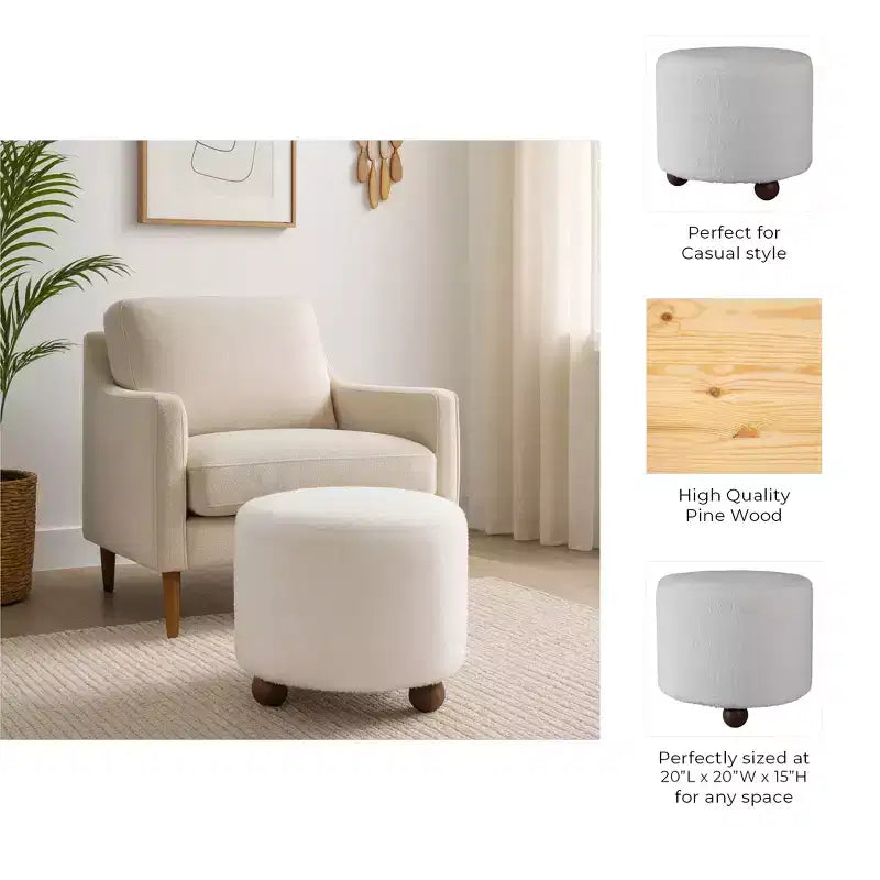 Decorative Faux Fur Upholstered Ottoman with Ball Feet - Contemporary Home Decor Accent for Vanity, Bedroom, and Foot Rest Ottoman - 15, Ivory