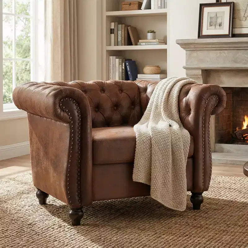Chesterfield Club Chair Upholstered Accent Chair Single Sofa Chair Leisure Chair with Scrolled Arm, Nailhead Trim & Solid Wood Leg, Brown - ModernLuxe