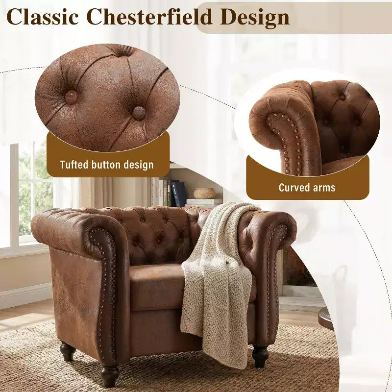 Chesterfield Club Chair Upholstered Accent Chair Single Sofa Chair Leisure Chair with Scrolled Arm, Nailhead Trim & Solid Wood Leg, Brown - ModernLuxe