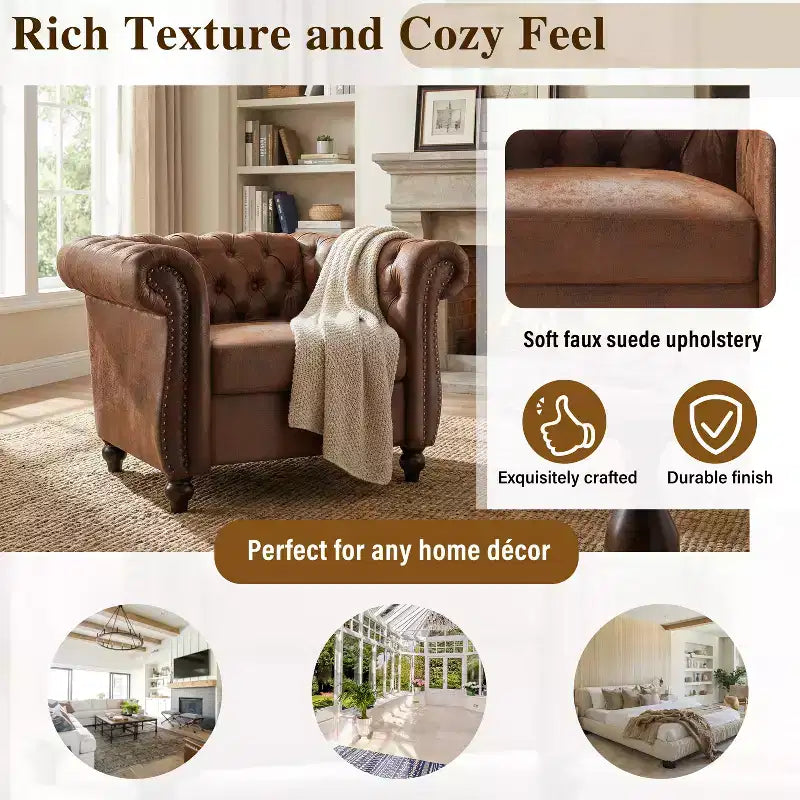 Chesterfield Club Chair Upholstered Accent Chair Single Sofa Chair Leisure Chair with Scrolled Arm, Nailhead Trim & Solid Wood Leg, Brown - ModernLuxe