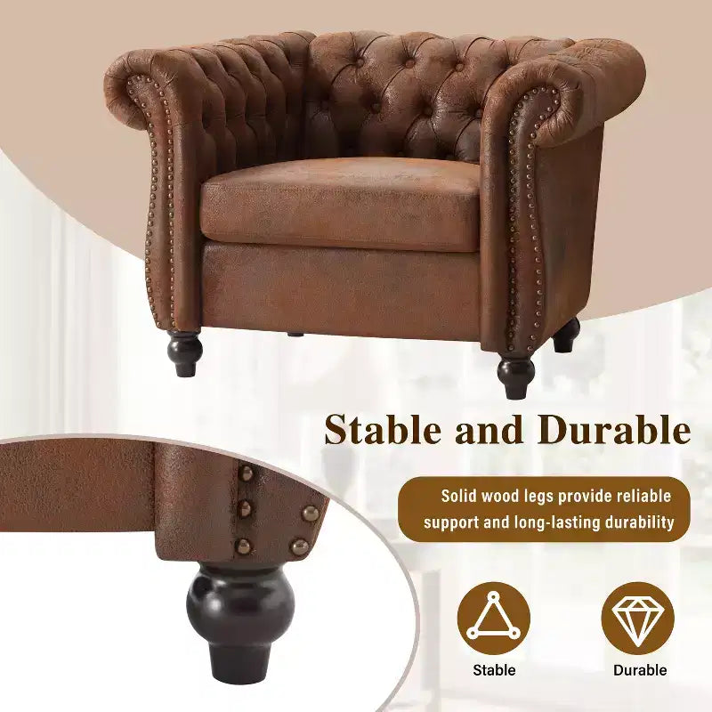 Chesterfield Club Chair Upholstered Accent Chair Single Sofa Chair Leisure Chair with Scrolled Arm, Nailhead Trim & Solid Wood Leg, Brown - ModernLuxe
