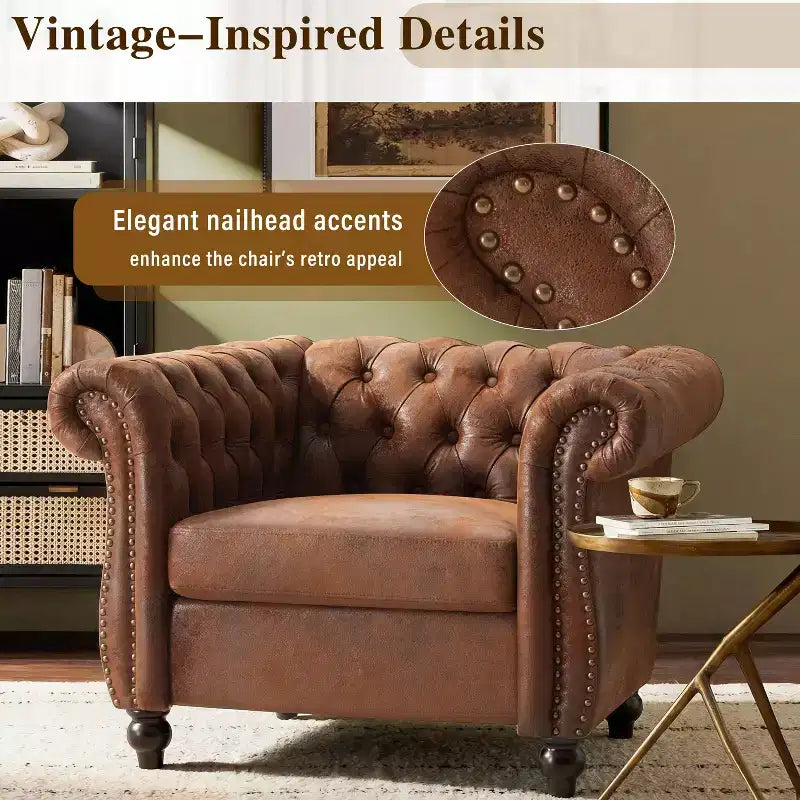 Chesterfield Club Chair Upholstered Accent Chair Single Sofa Chair Leisure Chair with Scrolled Arm, Nailhead Trim & Solid Wood Leg, Brown - ModernLuxe