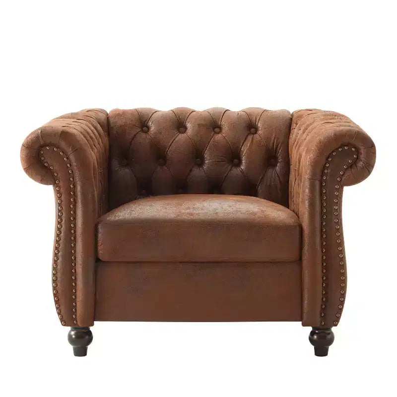 Chesterfield Club Chair Upholstered Accent Chair Single Sofa Chair Leisure Chair with Scrolled Arm, Nailhead Trim & Solid Wood Leg, Brown - ModernLuxe