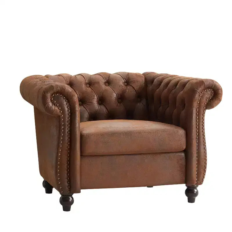 Chesterfield Club Chair Upholstered Accent Chair Single Sofa Chair Leisure Chair with Scrolled Arm, Nailhead Trim & Solid Wood Leg, Brown - ModernLuxe