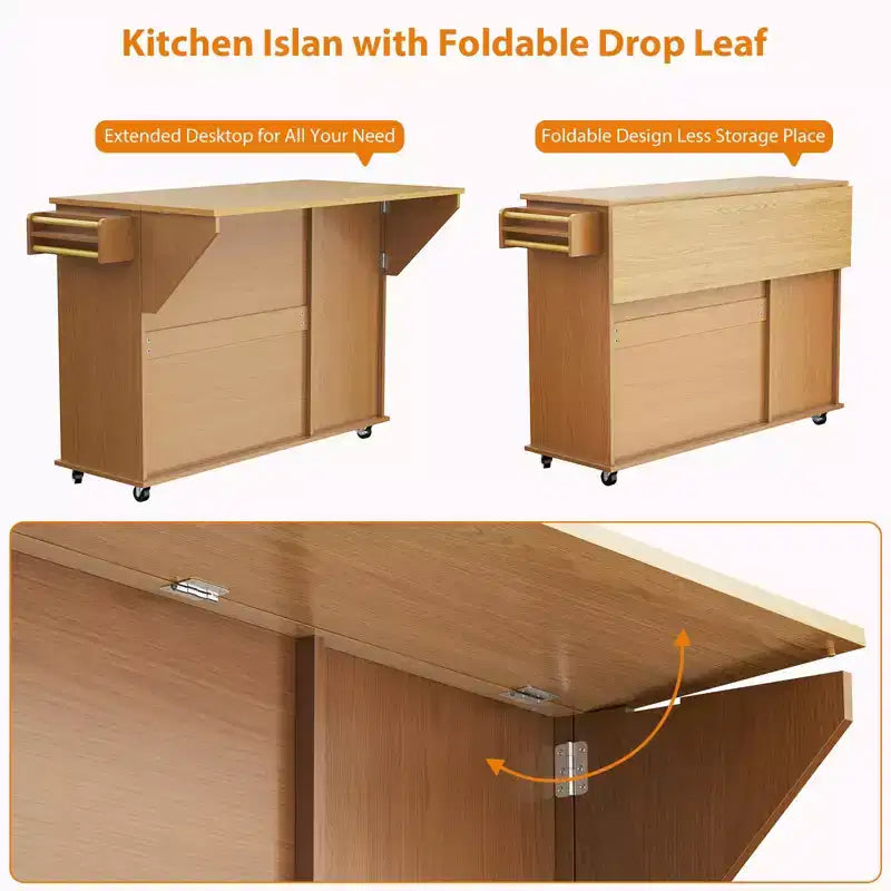 Rolling Kitchen Island Carts with Storage, 55 Wide Island Table on Wheels with Spice Rack, Towel Rack, Knife Holder and Trash Can Storage