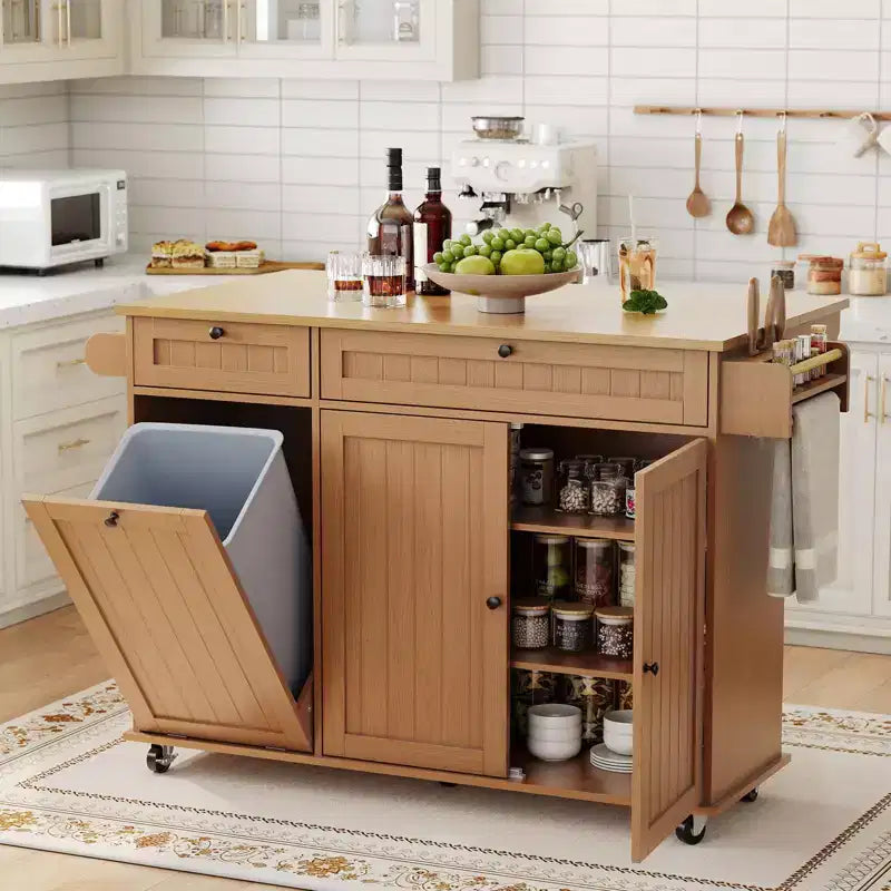 Rolling Kitchen Island Carts with Storage, 55 Wide Island Table on Wheels with Spice Rack, Towel Rack, Knife Holder and Trash Can Storage