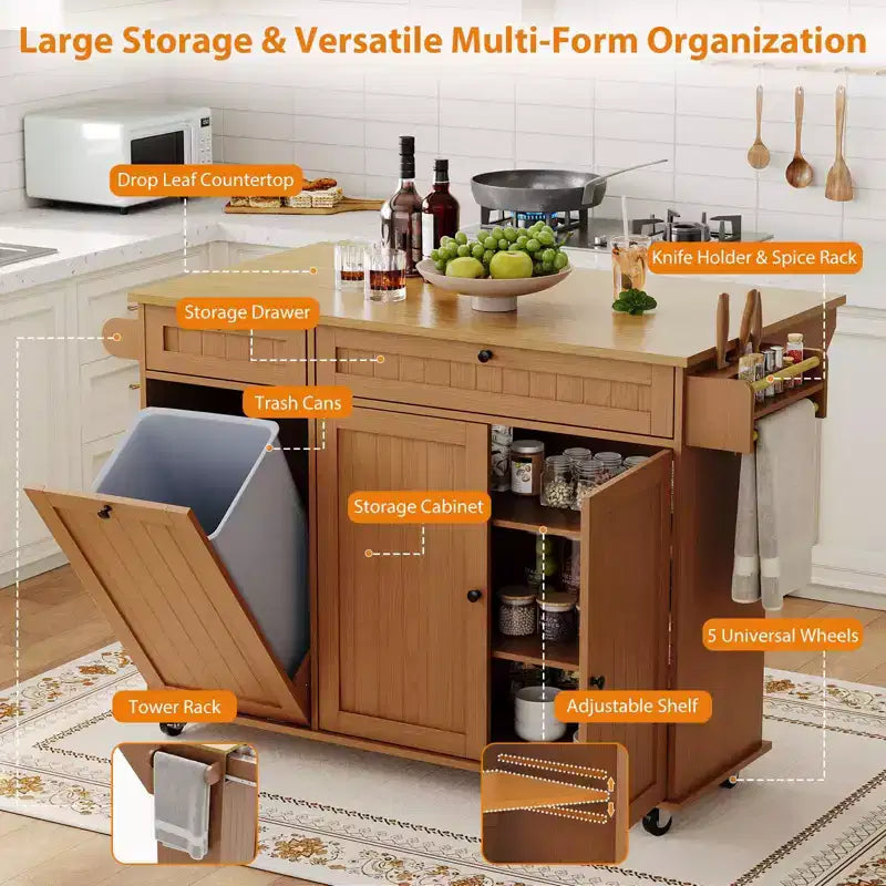 Rolling Kitchen Island Carts with Storage, 55 Wide Island Table on Wheels with Spice Rack, Towel Rack, Knife Holder and Trash Can Storage