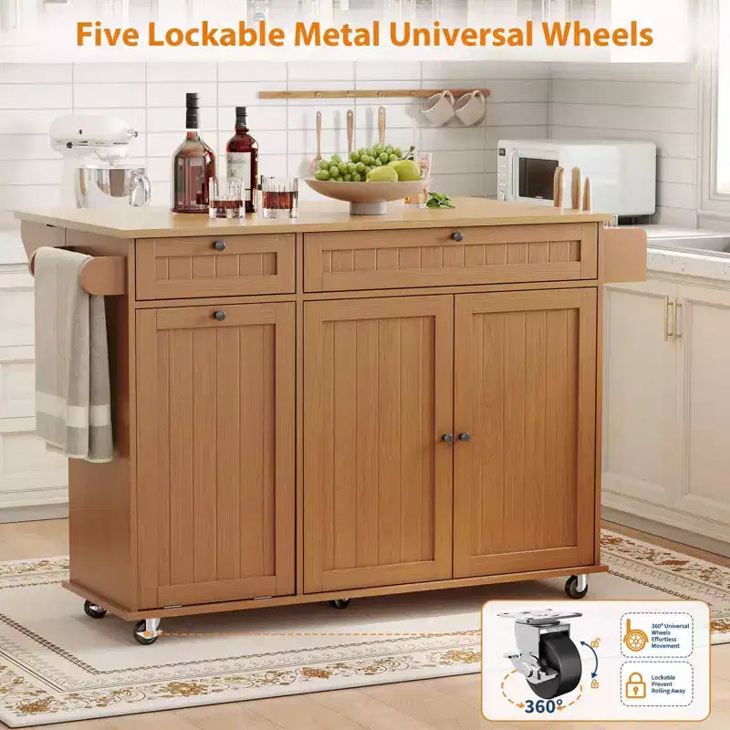 Rolling Kitchen Island Carts with Storage, 55 Wide Island Table on Wheels with Spice Rack, Towel Rack, Knife Holder and Trash Can Storage