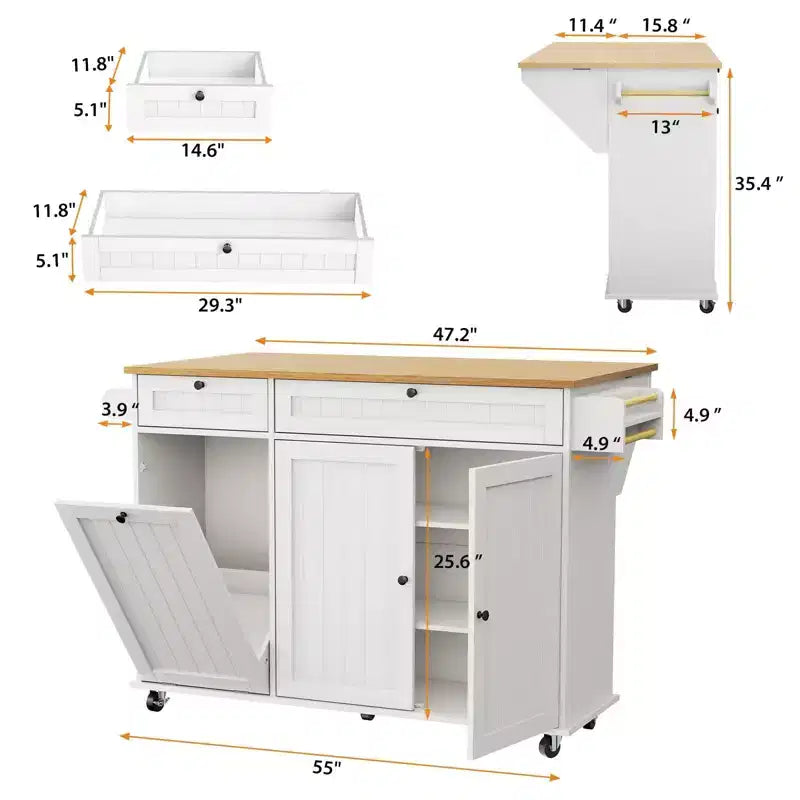 Rolling Kitchen Island Carts with Storage, 55 Wide Island Table on Wheels with Spice Rack, Towel Rack, Knife Holder and Trash Can Storage