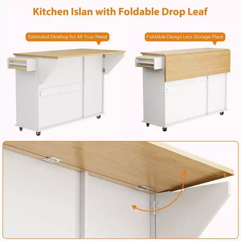 Rolling Kitchen Island Carts with Storage, 55 Wide Island Table on Wheels with Spice Rack, Towel Rack, Knife Holder and Trash Can Storage