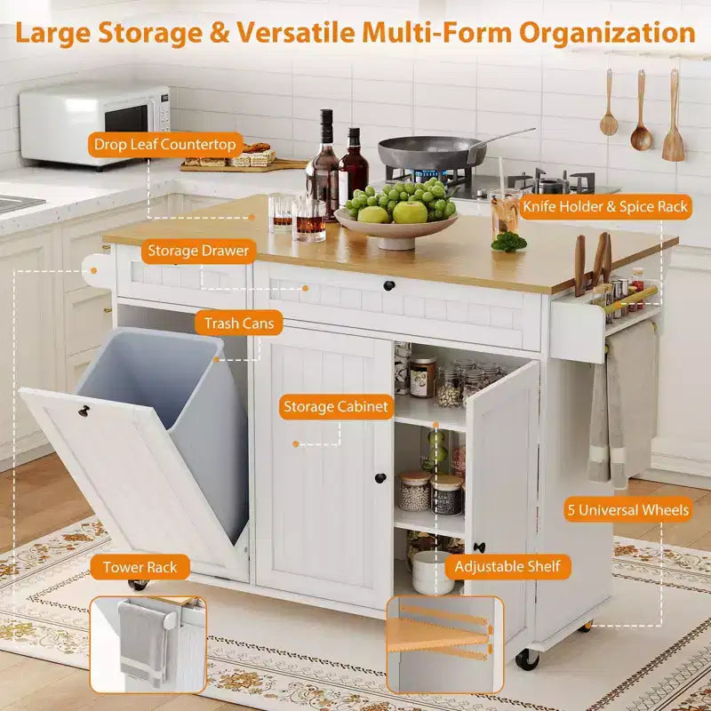 Rolling Kitchen Island Carts with Storage, 55 Wide Island Table on Wheels with Spice Rack, Towel Rack, Knife Holder and Trash Can Storage