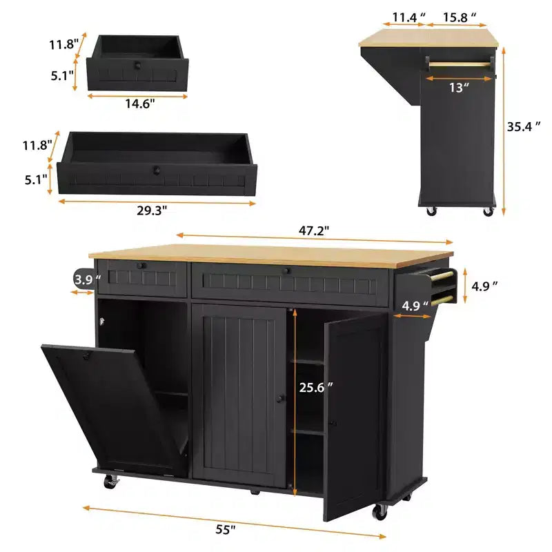 Rolling Kitchen Island Carts with Storage, 55 Wide Island Table on Wheels with Spice Rack, Towel Rack, Knife Holder and Trash Can Storage