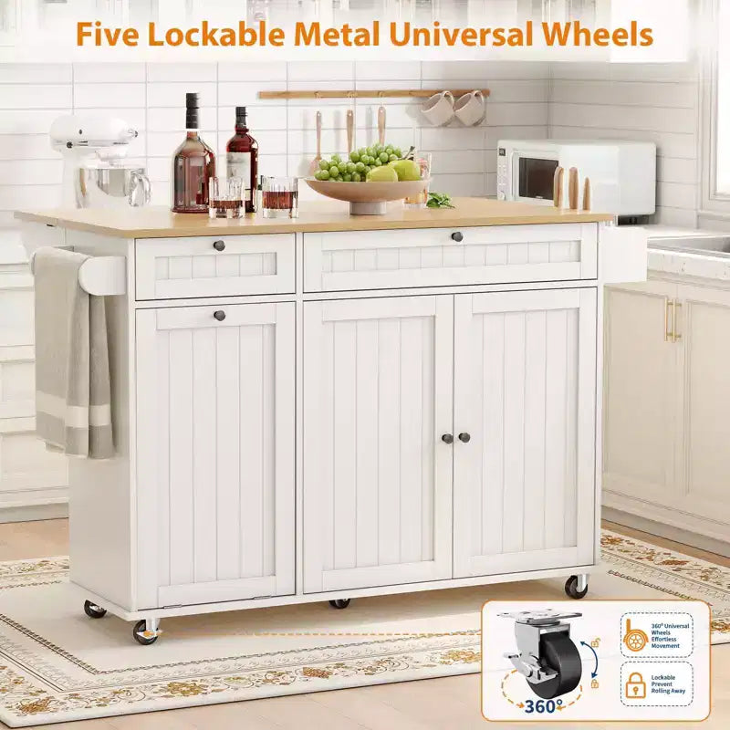 Rolling Kitchen Island Carts with Storage, 55 Wide Island Table on Wheels with Spice Rack, Towel Rack, Knife Holder and Trash Can Storage