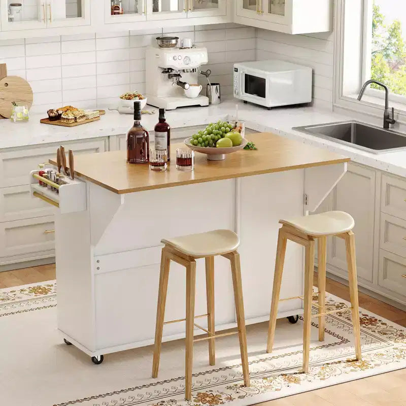 Rolling Kitchen Island Carts with Storage, 55 Wide Island Table on Wheels with Spice Rack, Towel Rack, Knife Holder and Trash Can Storage
