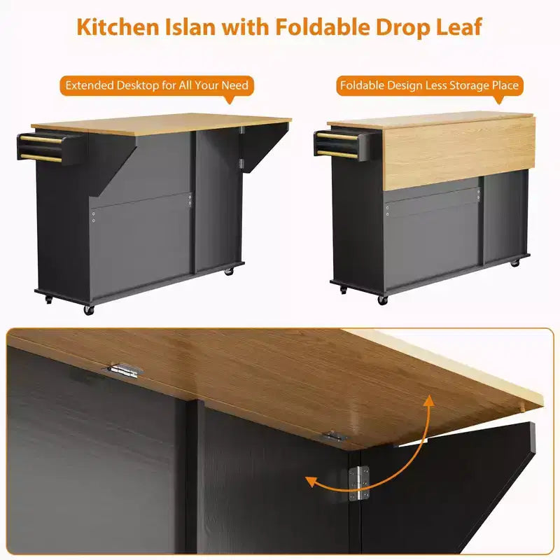 Rolling Kitchen Island Carts with Storage, 55 Wide Island Table on Wheels with Spice Rack, Towel Rack, Knife Holder and Trash Can Storage