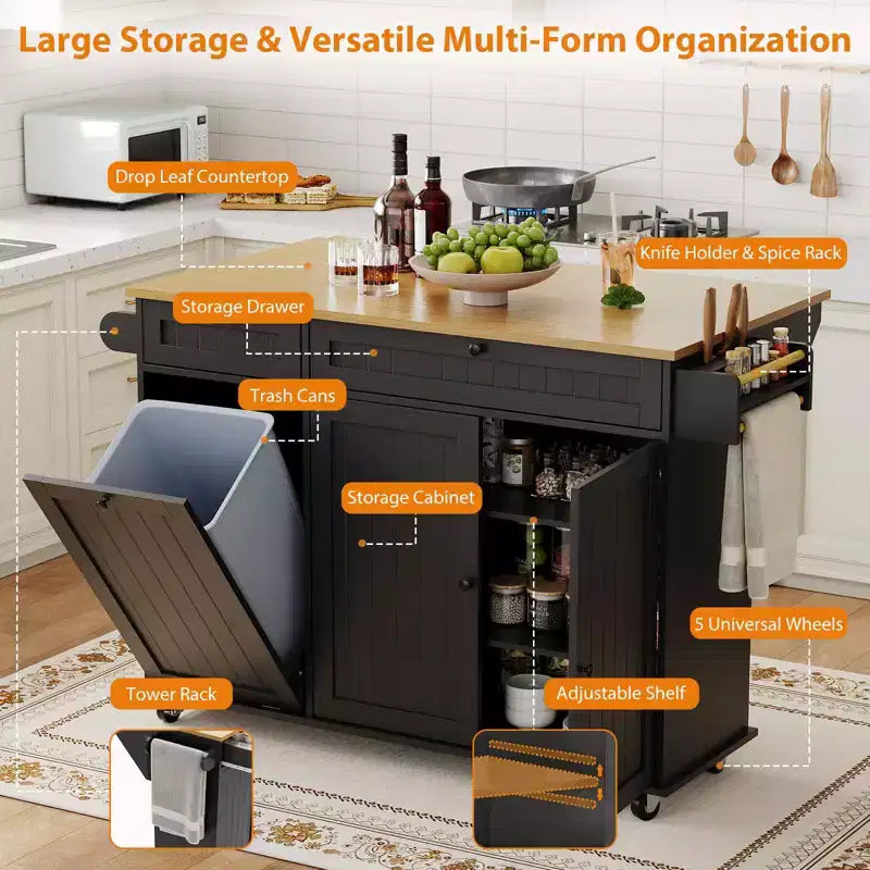 Rolling Kitchen Island Carts with Storage, 55 Wide Island Table on Wheels with Spice Rack, Towel Rack, Knife Holder and Trash Can Storage